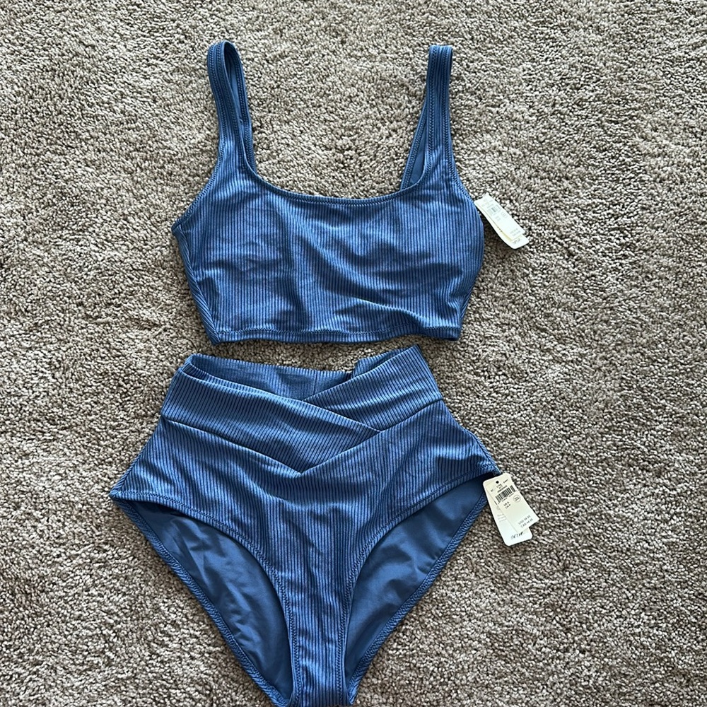 NWT Aerie Shine Rib Crossover High Waisted Bikini Bottom & Top. SZ Small.